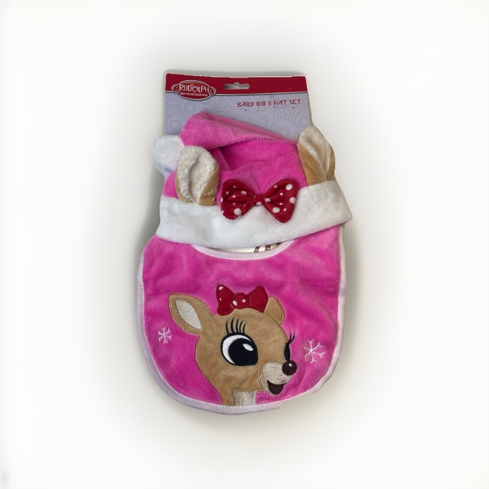 NWTRudolph the Red Nosed Reindeer Clarice Baby Pink First Christmas Hat‎ Bib